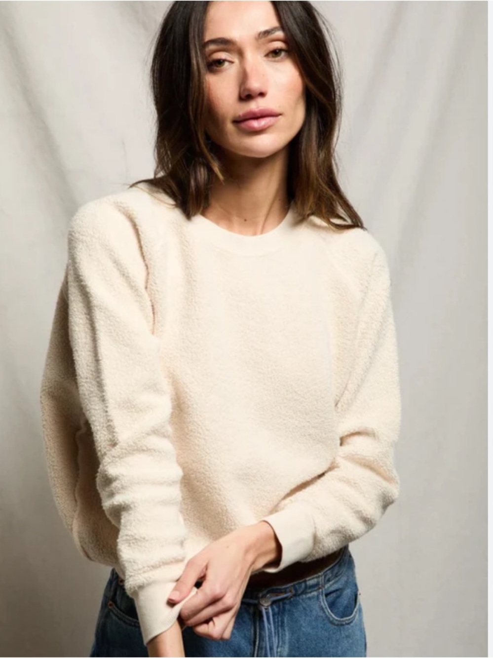 perfectwhitetee Cozy Fleece Crew Sweatshirt in Cream